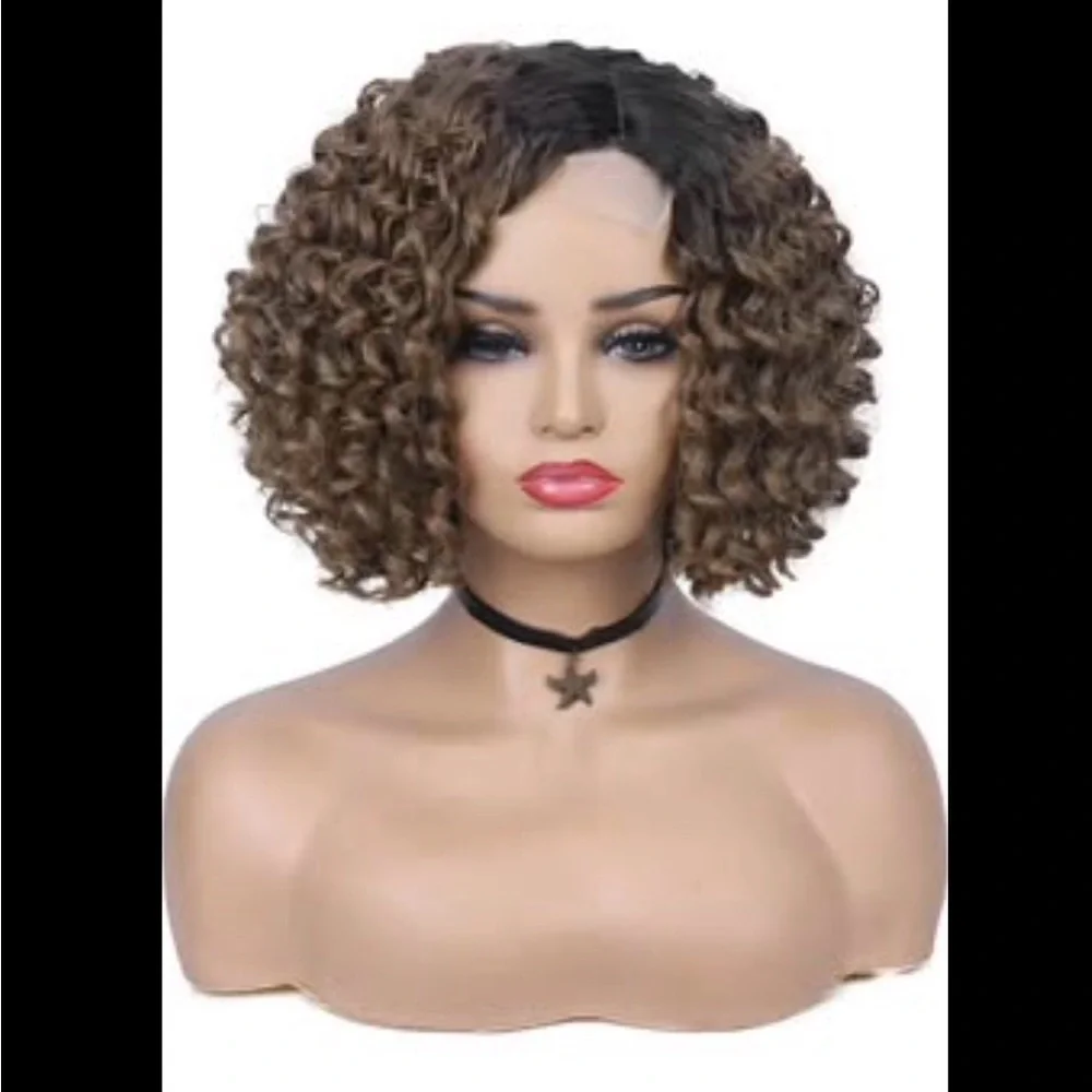 Quantum Black Women👩🏽Side Part Kinky Curly Bob Synthetic Ombre Blonde 12”Wig - Picture 1 of 9